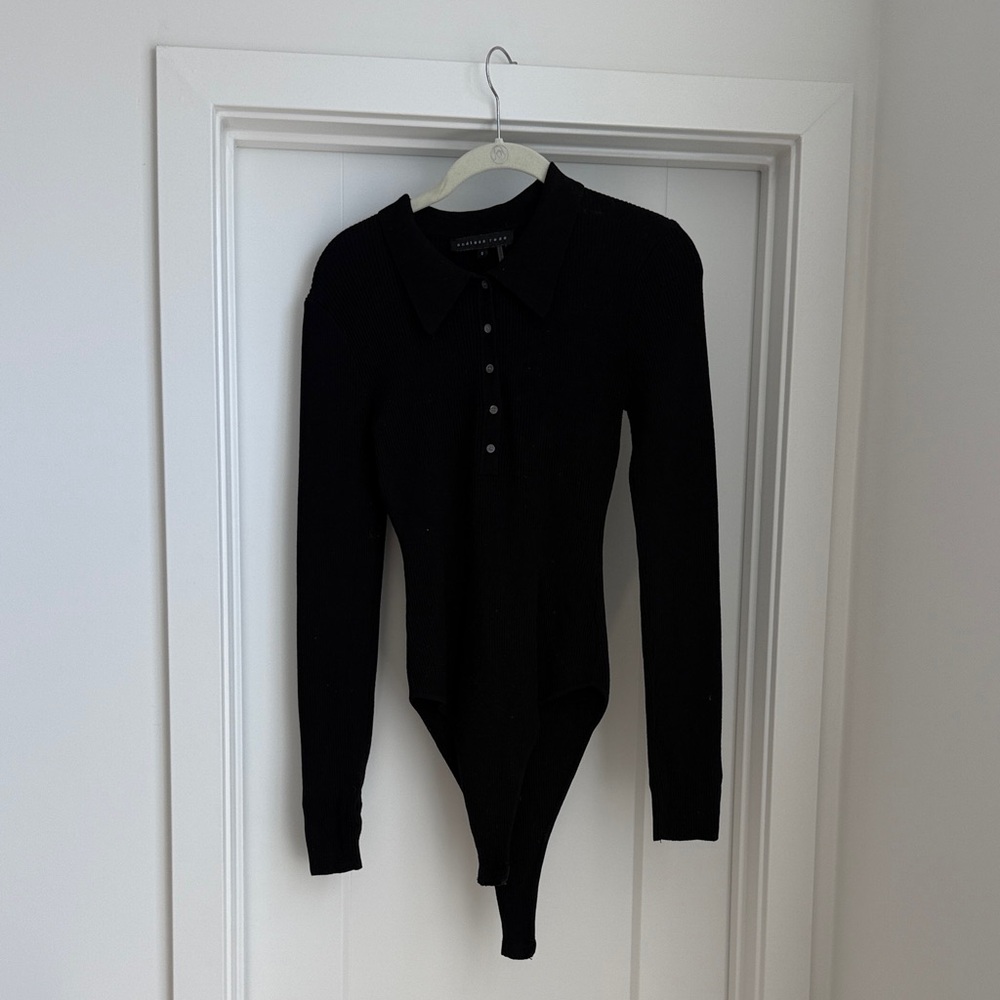 Endless Rose Black Ribbed V-Neck Polo Bodysuit Sweater
